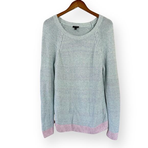 Talbots Sweaters - Talbots Marl Block Sweater Womens M Blue Pink Trim Cotton Linen Tunic Pullover
